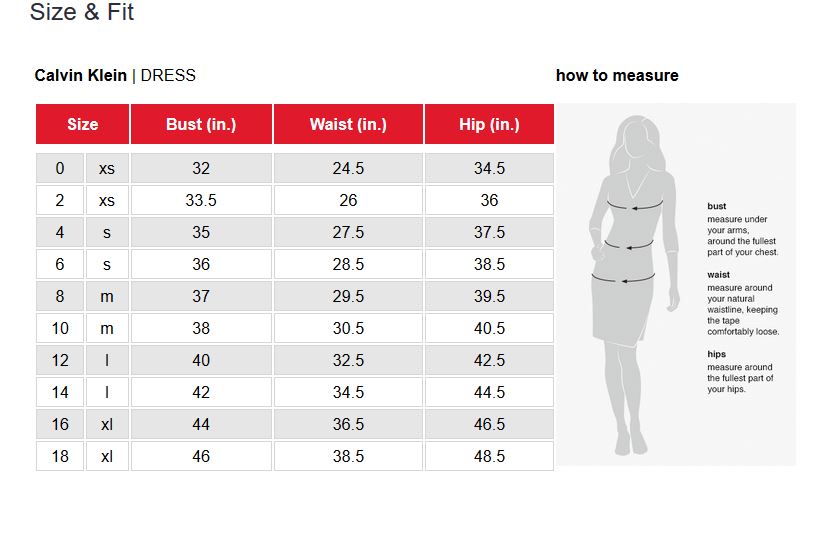 Calvin klein women's dress shop size chart