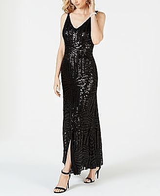 Nightway Geo-Sequined Gown Color Black   6