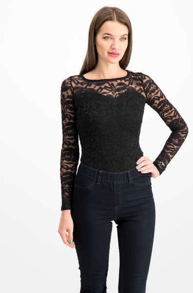 Material Girl, Illusion Lace Bodysuit Basic, Color Black Juniors Size Xs