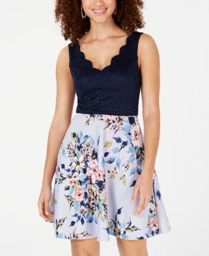 City Studios Scalloped Lace  Dress Color Navy Blush Floral   9