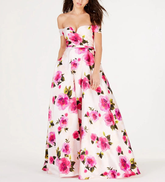 City Studios Off-The Shoulder Floral Print Dress Gown Pink Juniors Sz 3
