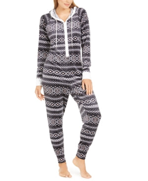 Jenni Hooded One Piece Printed Pajama Mink Black XL