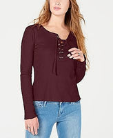 Hippie Rose, Rib Lace Up Long Sleeves Top, Color Black, Juniors Size M