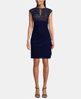 betsy & adam ruched lace sheath dress Betsy & Adam Matte Jersey Lace Mock Neck Sleeveless Ruched Sheath Gown