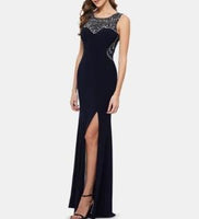 Betsy & Adam s Beaded Illusion Evening Dress Navy Silver 0