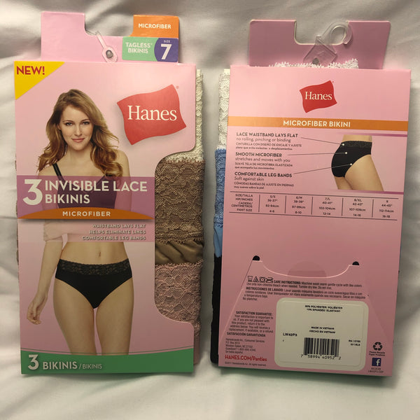 Hanes Invisible Lace Waist Bikini 3-Pack, Assorted Colors