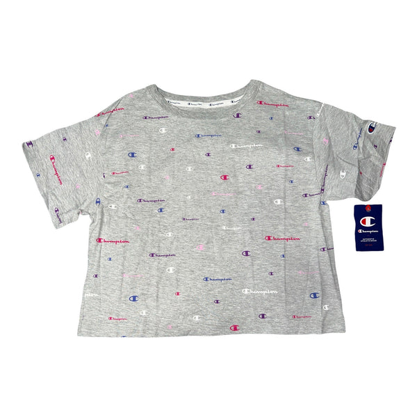 Champion women All Over Print Cropped Tee Gray Print M